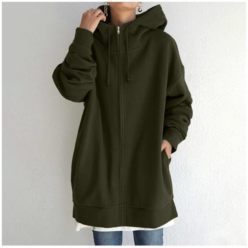 Oversized S-5XL Women Loose Hooded Coats Autumn Female Tie Collar Long Sleeve Zipper Up Add Velvet Long Sweatshirt - cas7m
