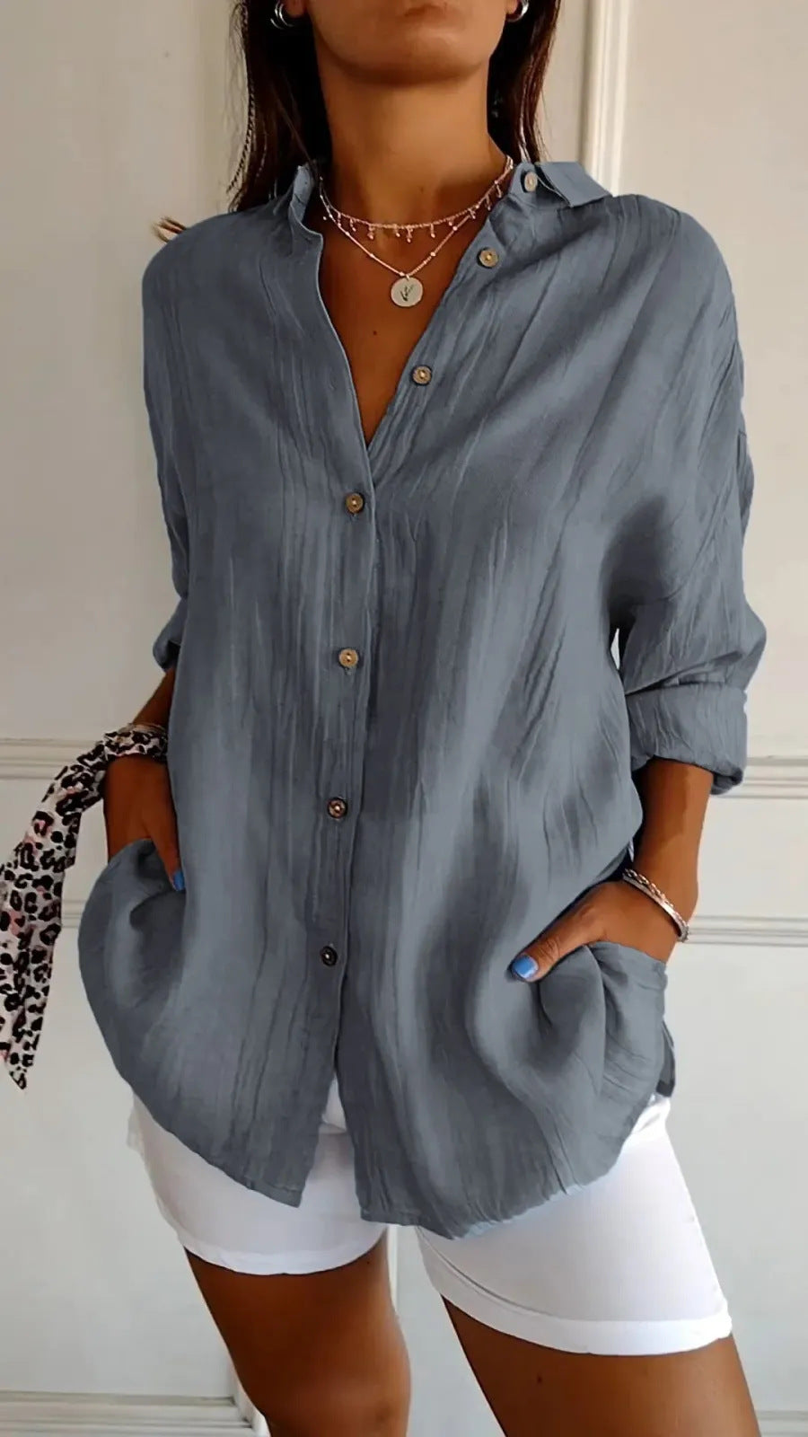 Lapel Long Sleeve Shirt Women's Single-breasted Pleated Shirt Tops Clothing - cas7m