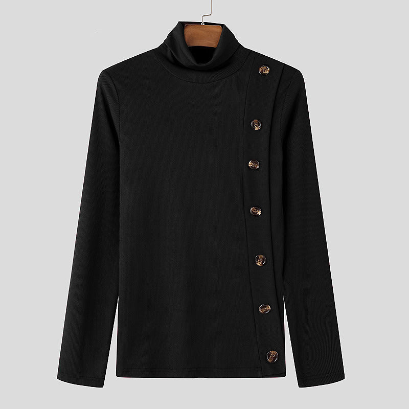 European And American Men Casual Sweater Turtleneck Buttons Solid Color Long Sleeve - cas7m