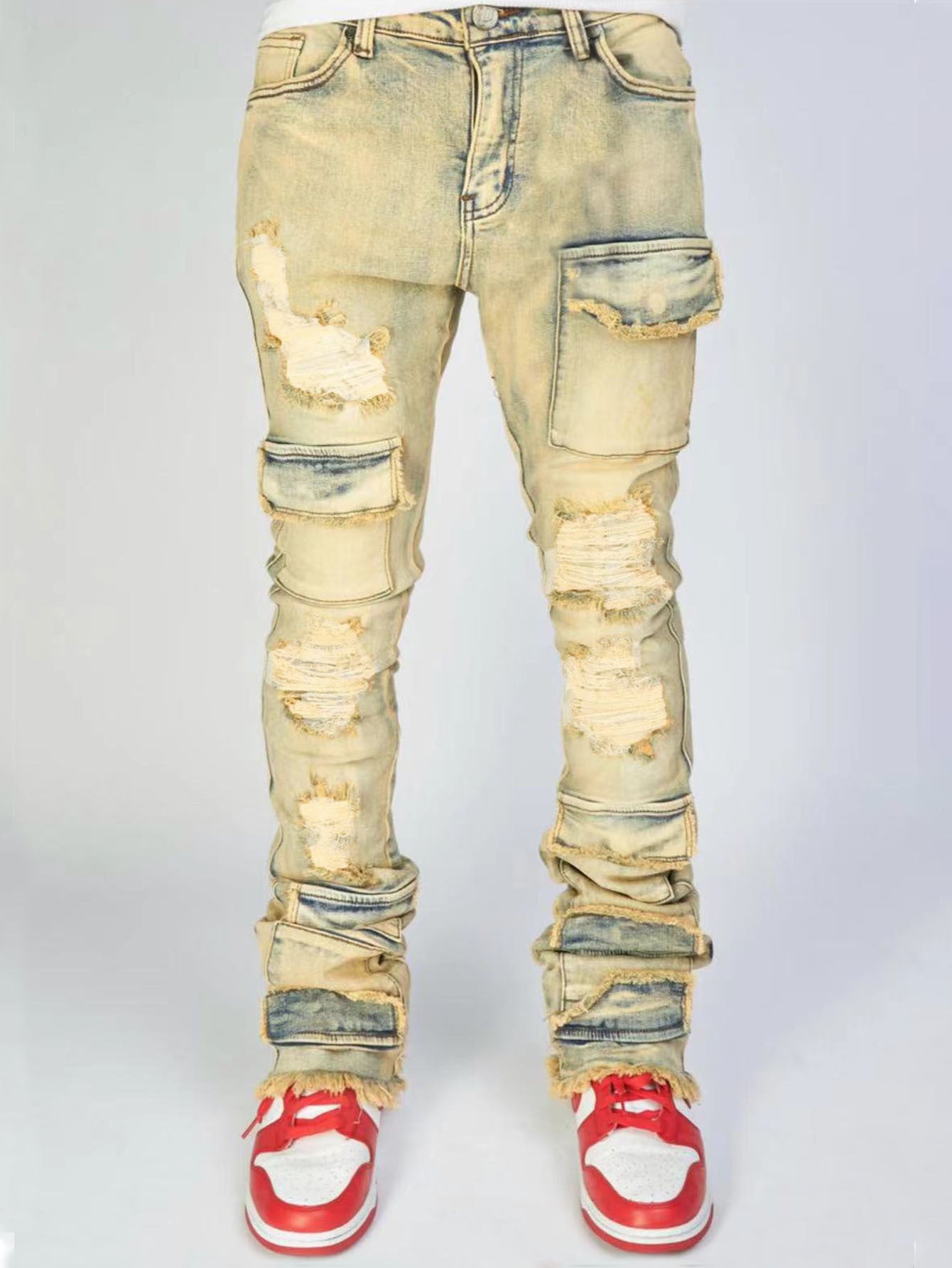 Men's Denim Straight-leg Overalls European And American Fashion Stretch Ripped Laminated Micro-pull Pants - cas7m
