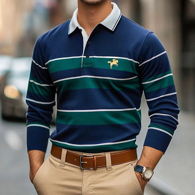 Digital-print Men's Casual Long-sleeve Polo-neck Top - cas7m