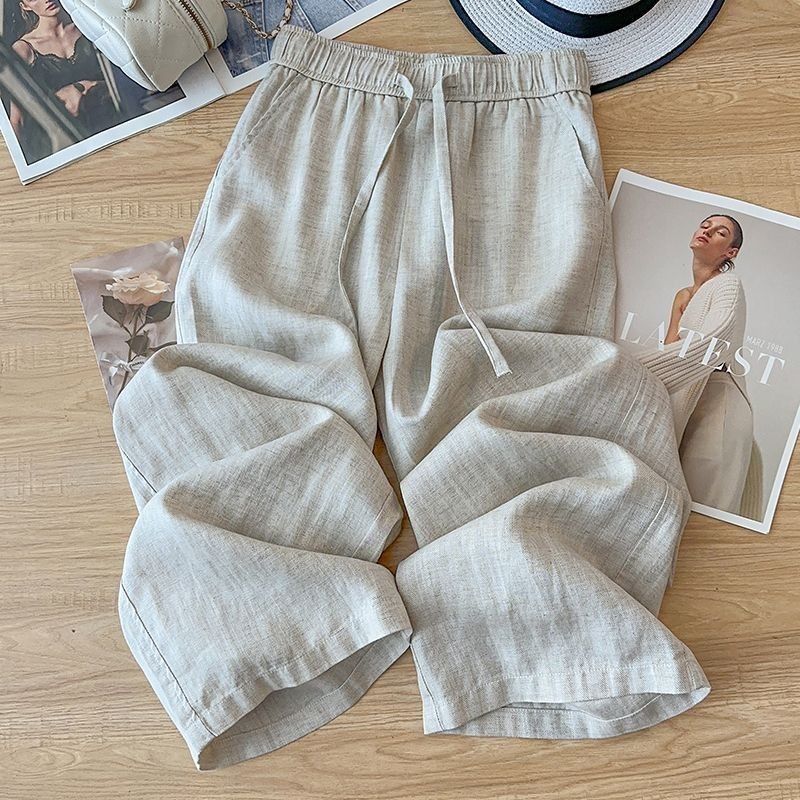 High Waist Drape Linen Cropped Straight Pants - cas7m