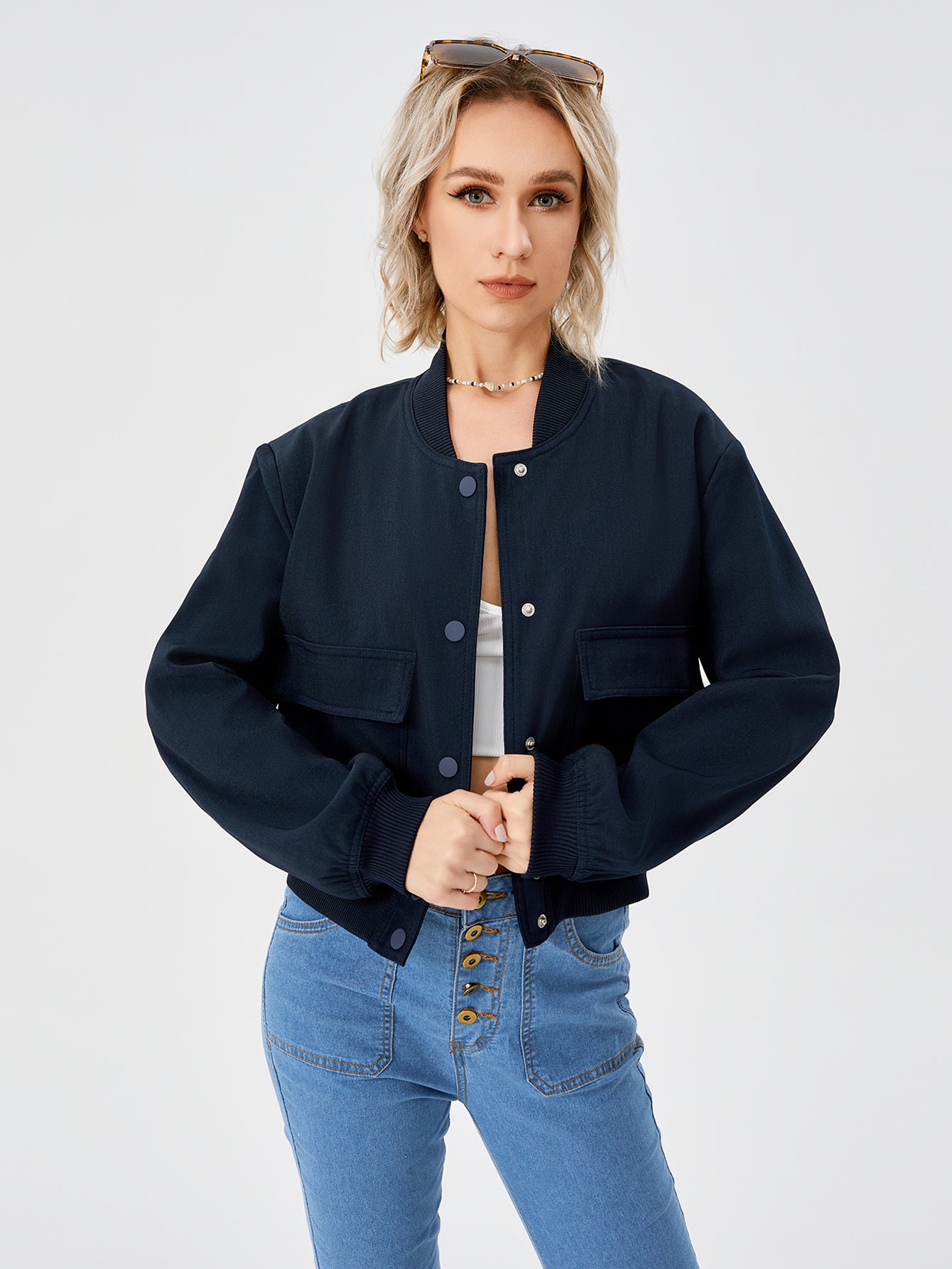Women's Lightweight Cropped Bomber Jacket Casual Long Sleeve Varsity Jacket With Pocket Fashion Y2k Jacket Streetwear - cas7m