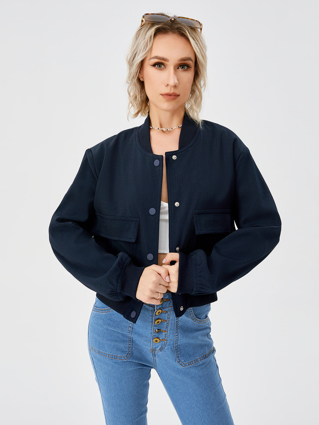 Women's Lightweight Cropped Bomber Jacket Casual Long Sleeve Varsity Jacket With Pocket Fashion Y2k Jacket Streetwear - cas7m