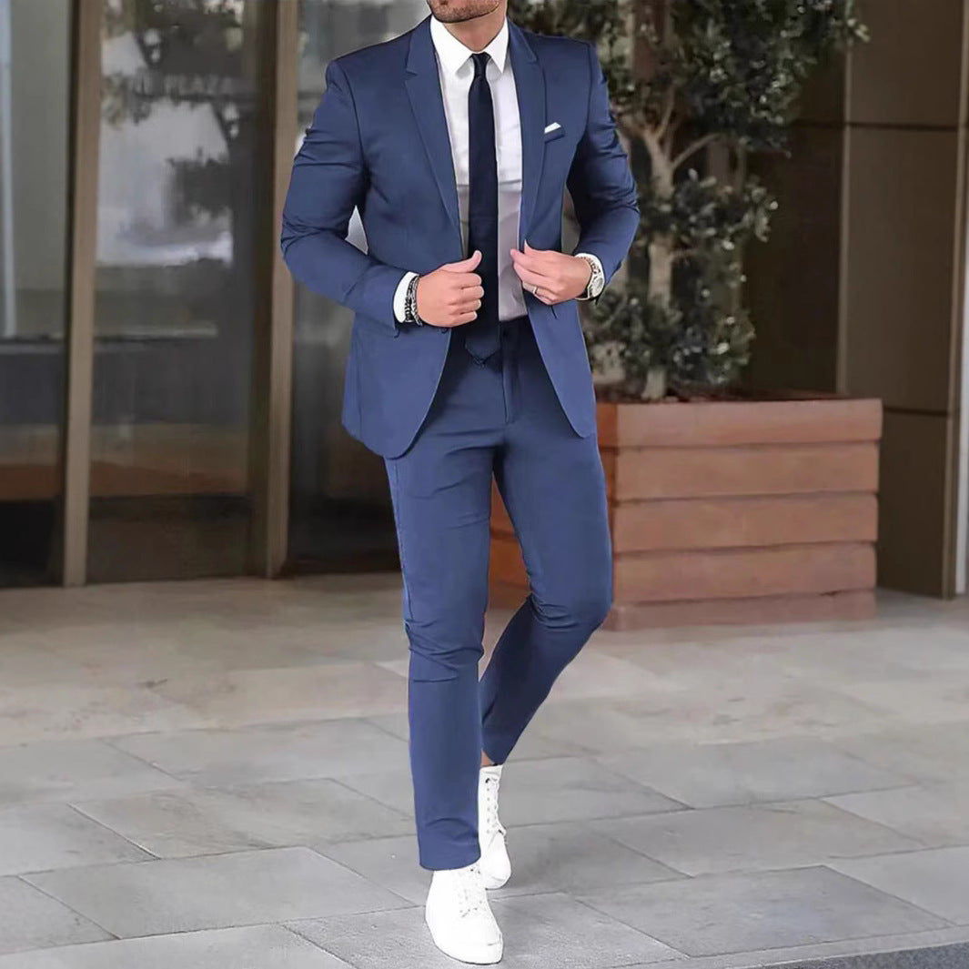 Two-piece Solid Color Slim-fit Coat Suit Pants - cas7m