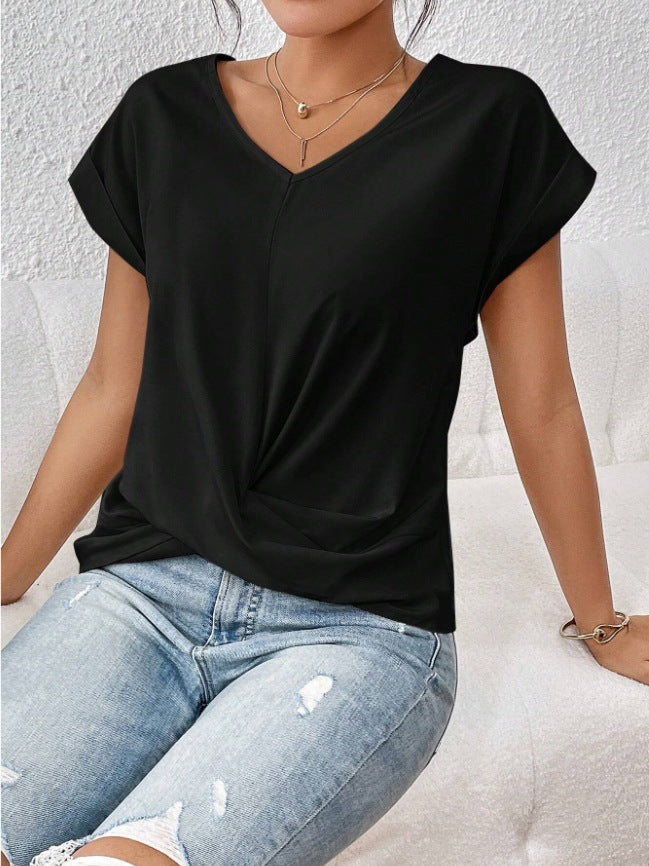 Fashion V-neck Short-sleeve T-shirt Summer Casual Irregular Knot Top For Women Clothing - cas7m