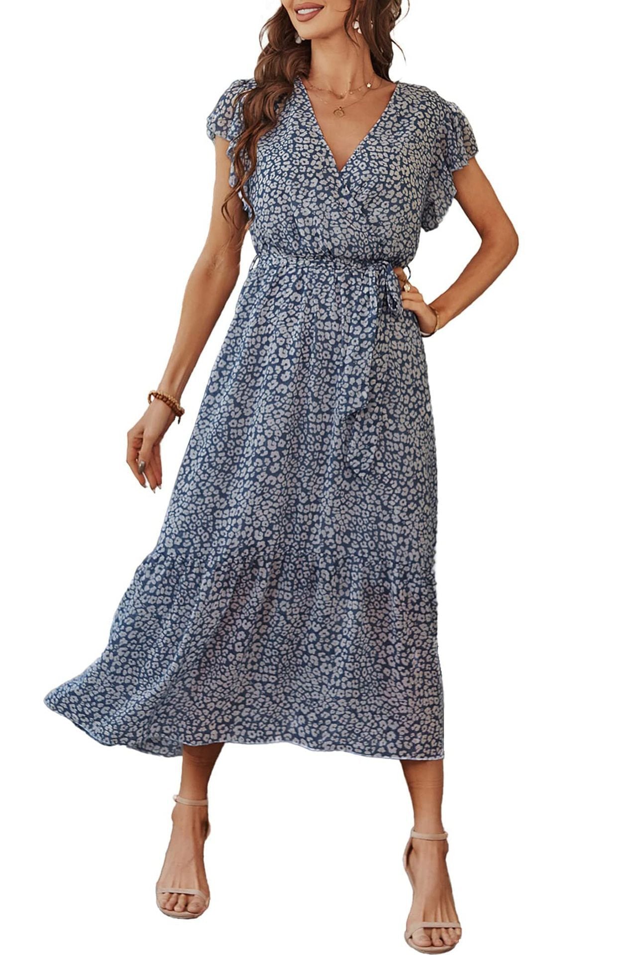 Womens Floral Print Flounce Short-Sleeve Midi Dress - cas7m