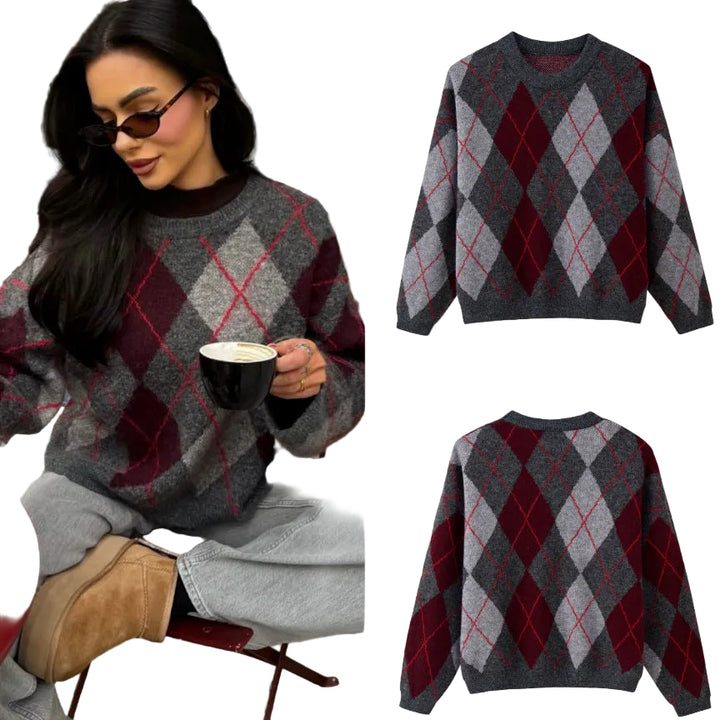 Women's Retro Diamond Pattern Acrylic Blend Pullover Sweater