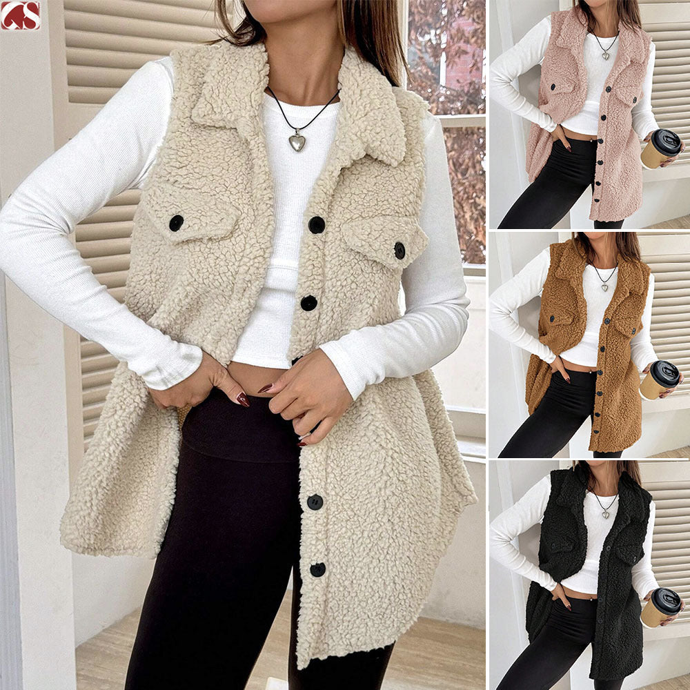 Lapels Open Button Plush Vest Cardigan - cas7m