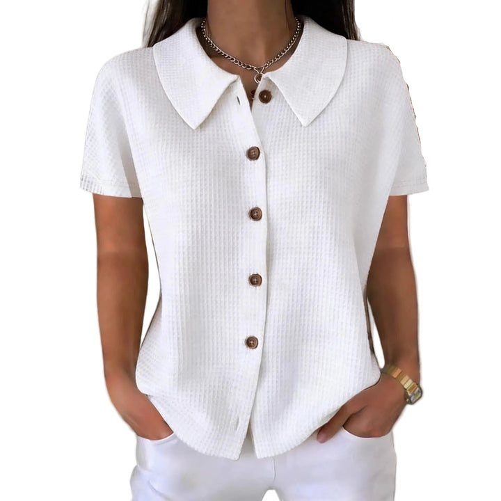 Turn-Down Collar Waffle Weave Solid Color Casual Loose Fit Short Sleeve Shirt - Women's Cotton Blend Lightweight Summer Top For Daily Wear - cas7m