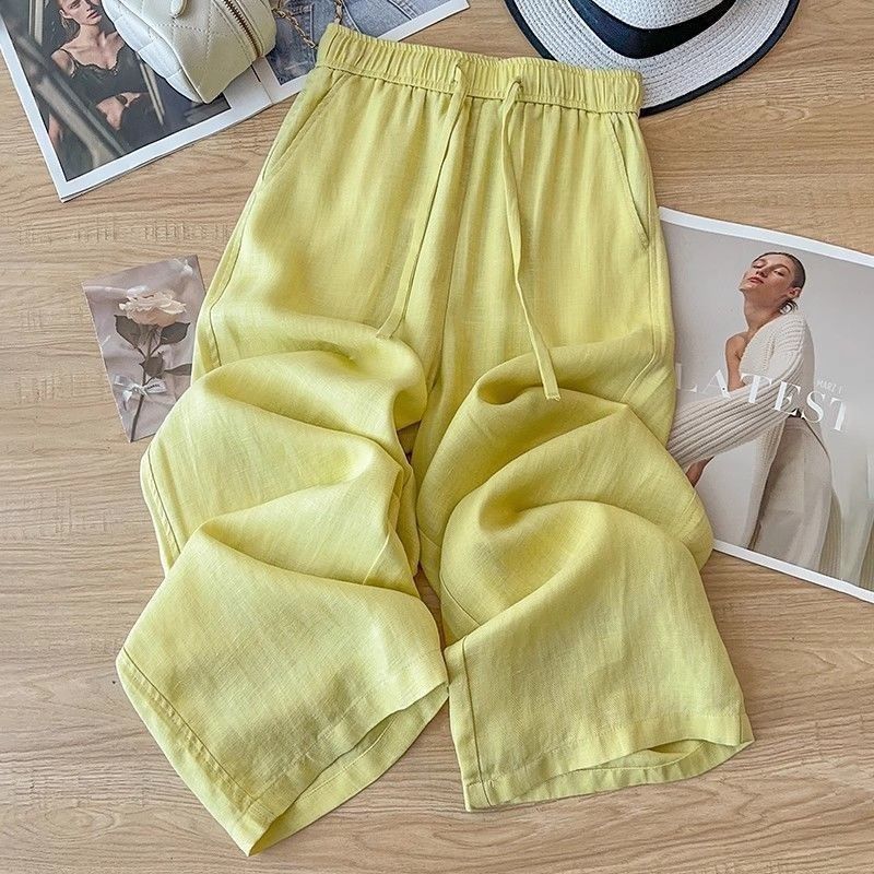 High Waist Drape Linen Cropped Straight Pants - cas7m