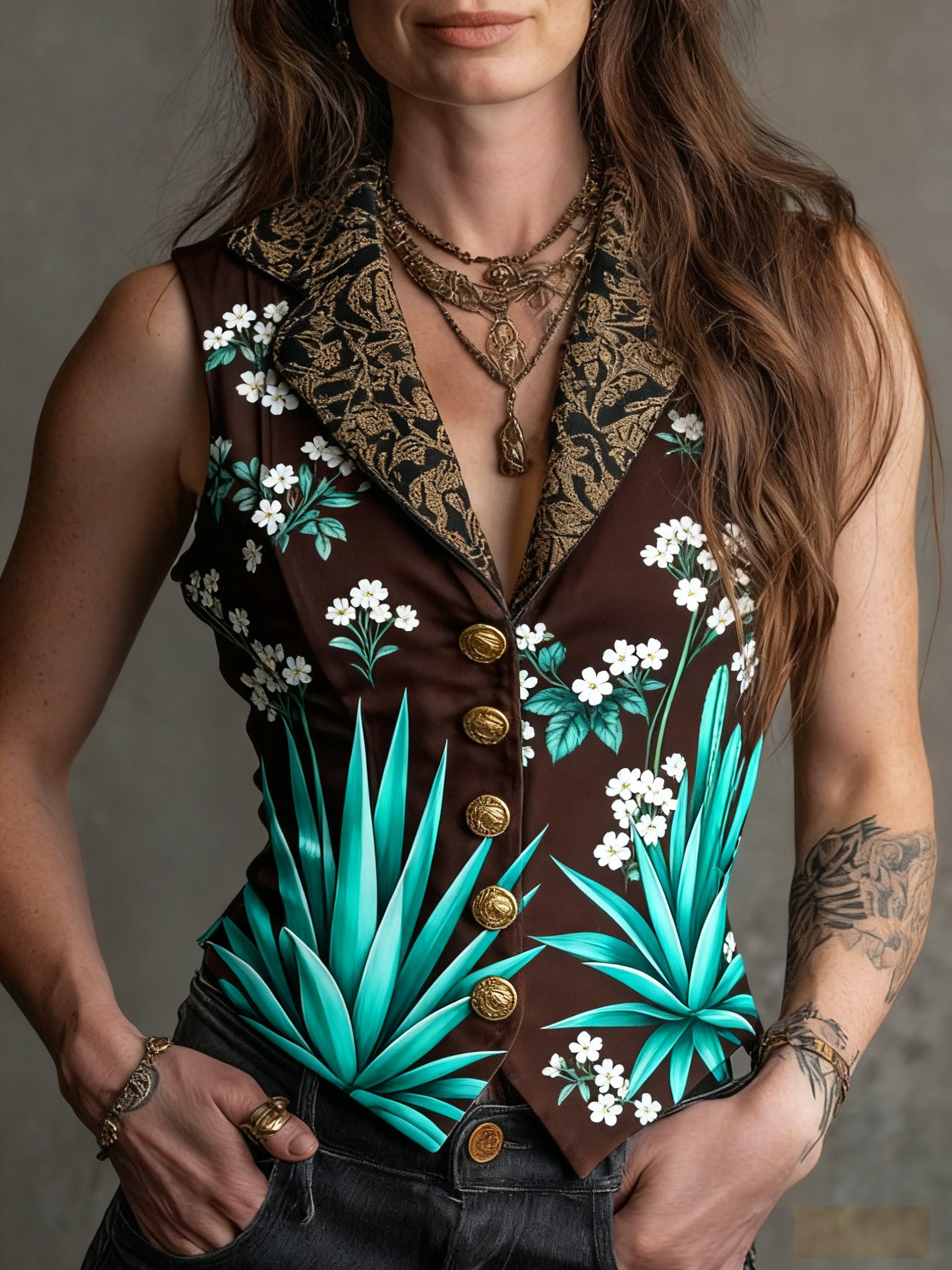 Printed Casual Sleeveless V-neck Slim-fit Vest - cas7m