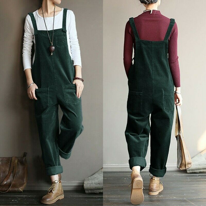 Women's Corduroy Solid Color Casual Bib Pants - cas7m
