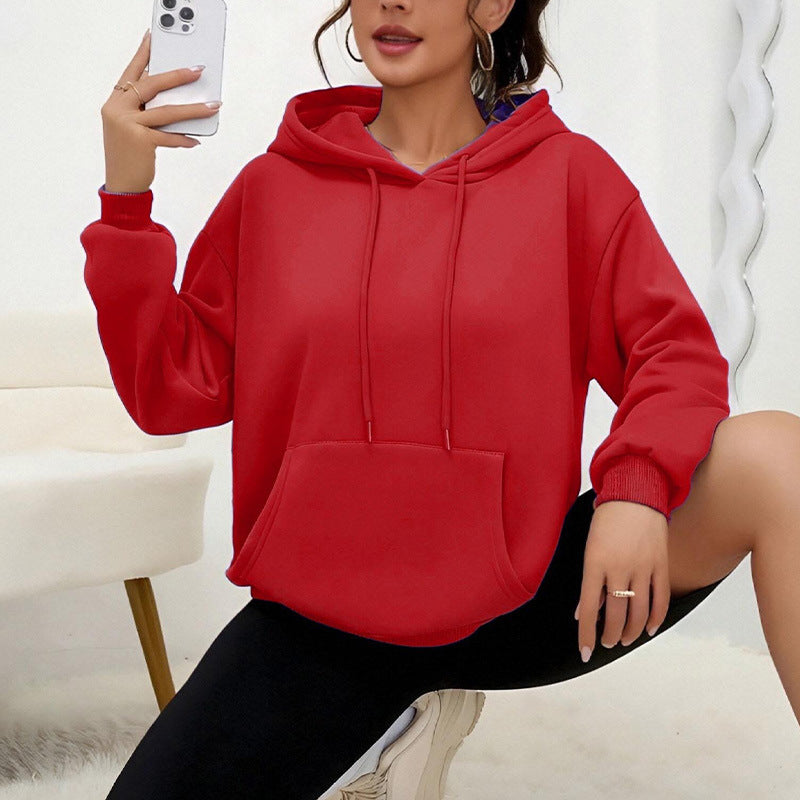 All-matching Loose Drawstring Pocket Sweatshirt Long Sleeve Women - cas7m