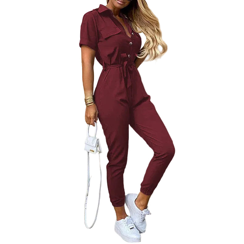 Printed Belt Work Overalls Short Sleeves - cas7m