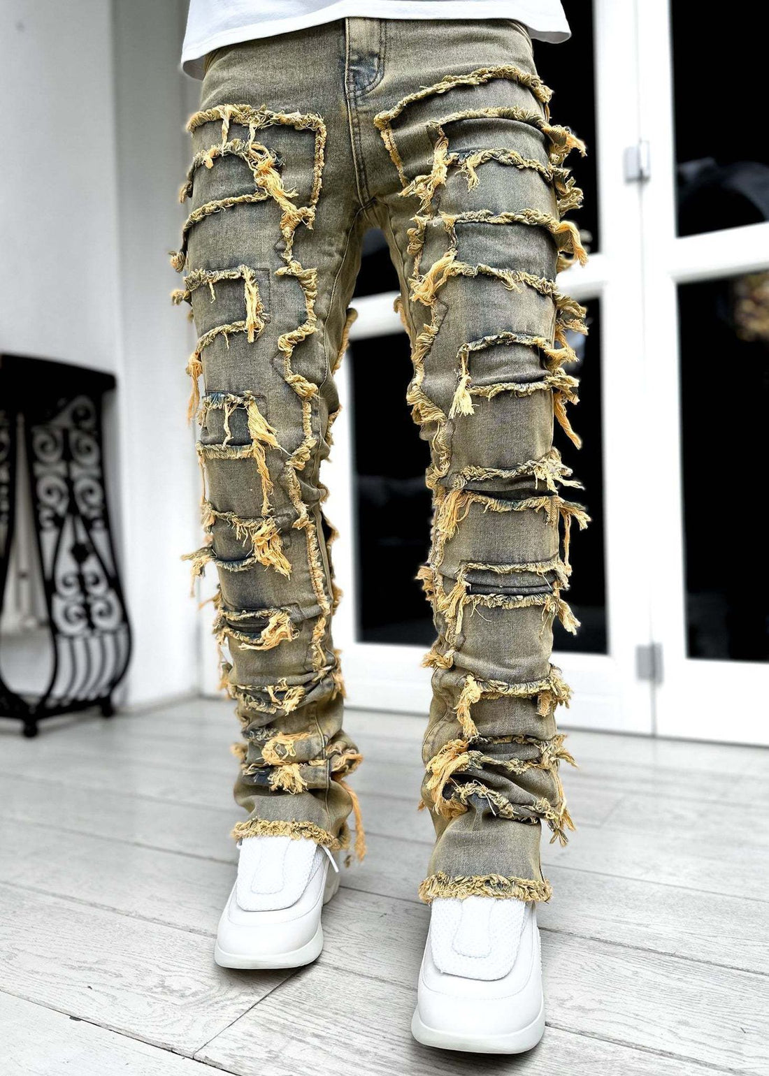 Ins Fringes Ripped Trousers Individual Patched Pants Long Tight Fit Stacked Jeans For Mens Clothing - cas7m