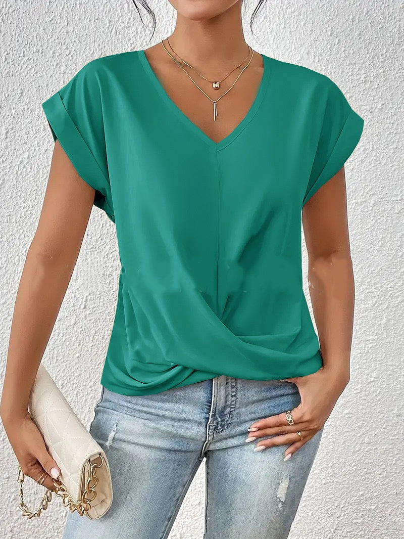 Fashion V-neck Short-sleeve T-shirt Summer Casual Irregular Knot Top For Women Clothing - cas7m