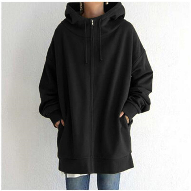 Oversized S-5XL Women Loose Hooded Coats Autumn Female Tie Collar Long Sleeve Zipper Up Add Velvet Long Sweatshirt - cas7m