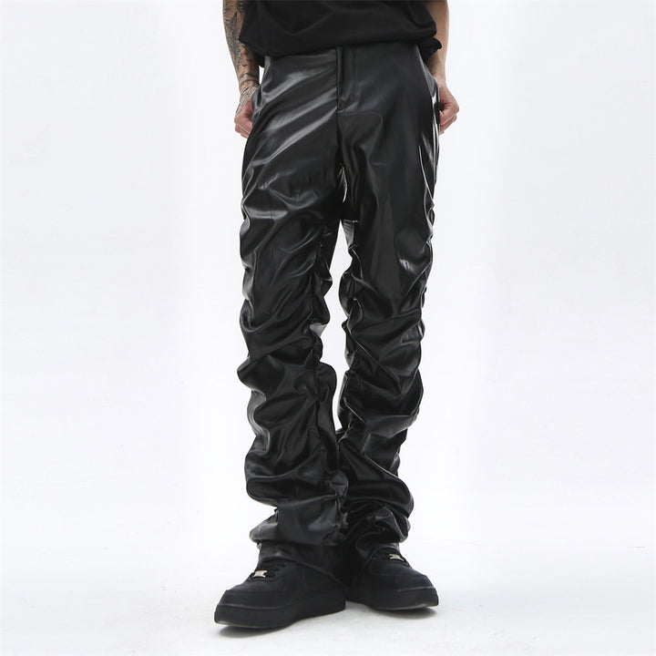 Men's Loose Casual Shiny Wrinkled Leather Pants - cas7m