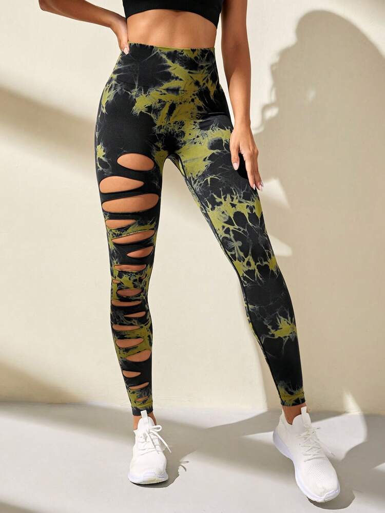 Hollow Tie-dye Yoga Pants High Waist Hip Lift Fitness Pants - cas7m