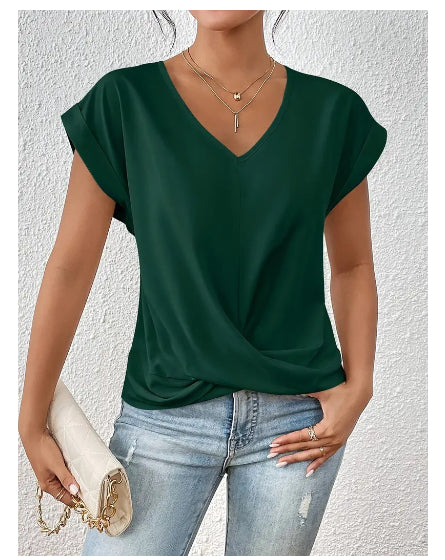 Fashion V-neck Short-sleeve T-shirt Summer Casual Irregular Knot Top For Women Clothing - cas7m
