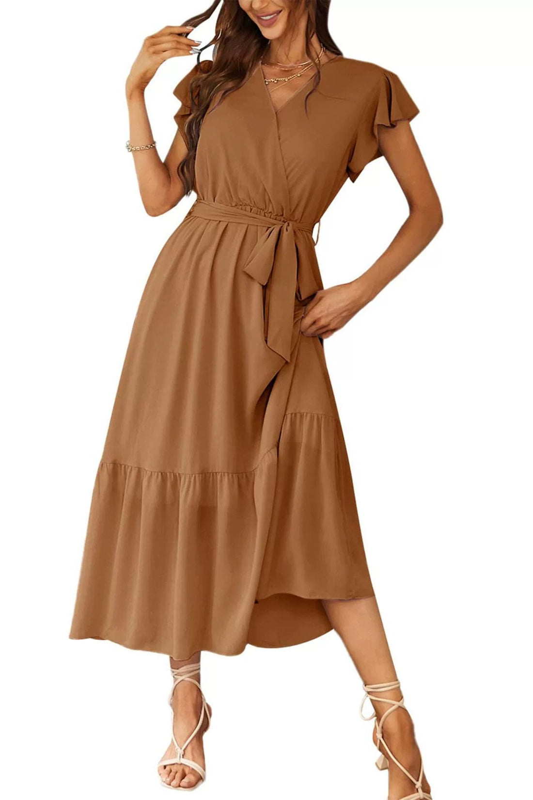 Womens Floral Print Flounce Short-Sleeve Midi Dress - cas7m