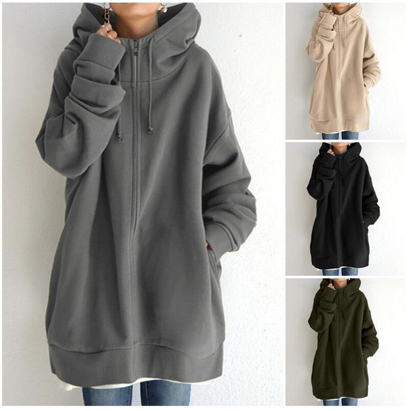Oversized S-5XL Women Loose Hooded Coats Autumn Female Tie Collar Long Sleeve Zipper Up Add Velvet Long Sweatshirt - cas7m