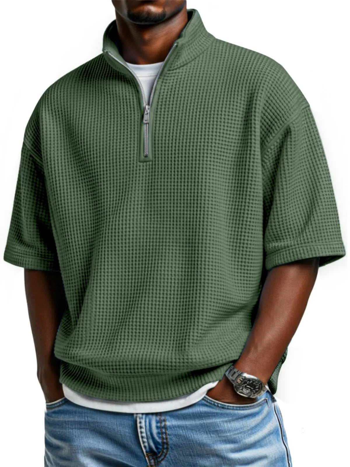 Waffle-knit Short-sleeve Polo Shirt For Men Loose-fitting Half-zip T-shirt - cas7m