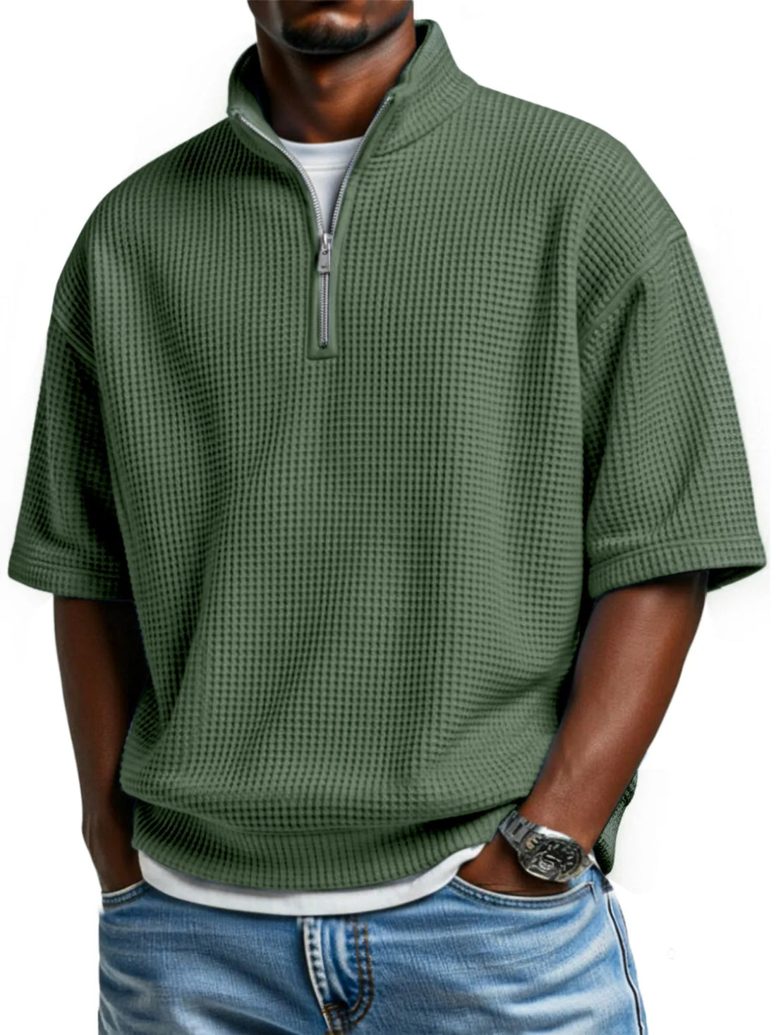 Waffle-knit Short-sleeve Polo Shirt For Men Loose-fitting Half-zip T-shirt - cas7m