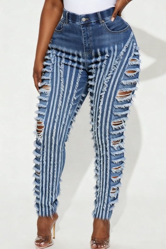 Patchwork Frayed Casual High-waisted Slim-fit Ripped Jeans - cas7m