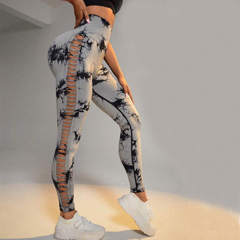 Hollow Tie Dye Printed Yoga Pants High Waist Butt Lift Seamless Sports Gym Fitness Leggings Slim Pants For Women Tight Trousers - cas7m