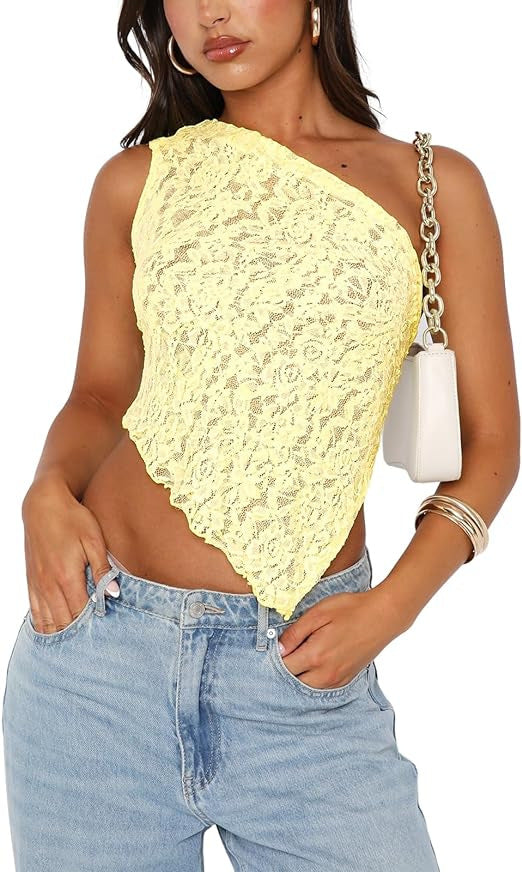 Ins Lace Backless Top Summer Solid Color Waistless Asymmetrical Sloped Neck Vest Streetwear Womens Clothes - cas7m