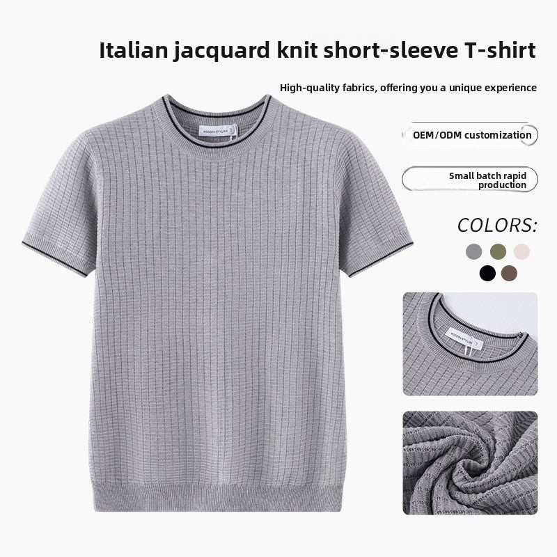 A light gray ribbed knit short-sleeve T-shirt displayed on a white background with promotional text, color options, and detail inset photos showing the collar and fabric texture.