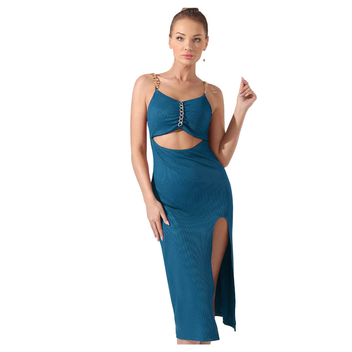 Blue dress with a slit on a white background