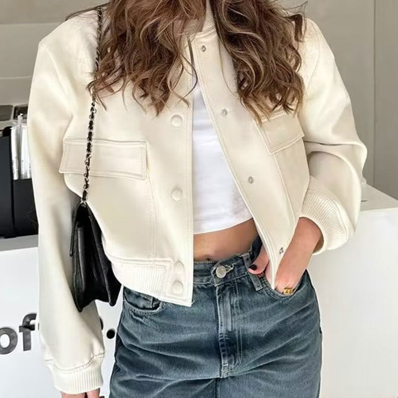 Fashion Button Stand-collar Jacket With Big Pockets Casual Loose Short Outwear Tops Coat For Women Clothing - cas7m