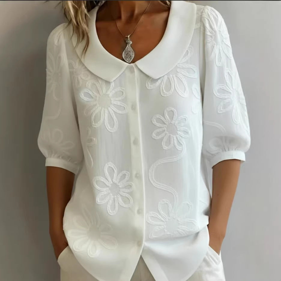 Loose-fit Retro Buttoned 3D Embroidered Floral Shirt - cas7m