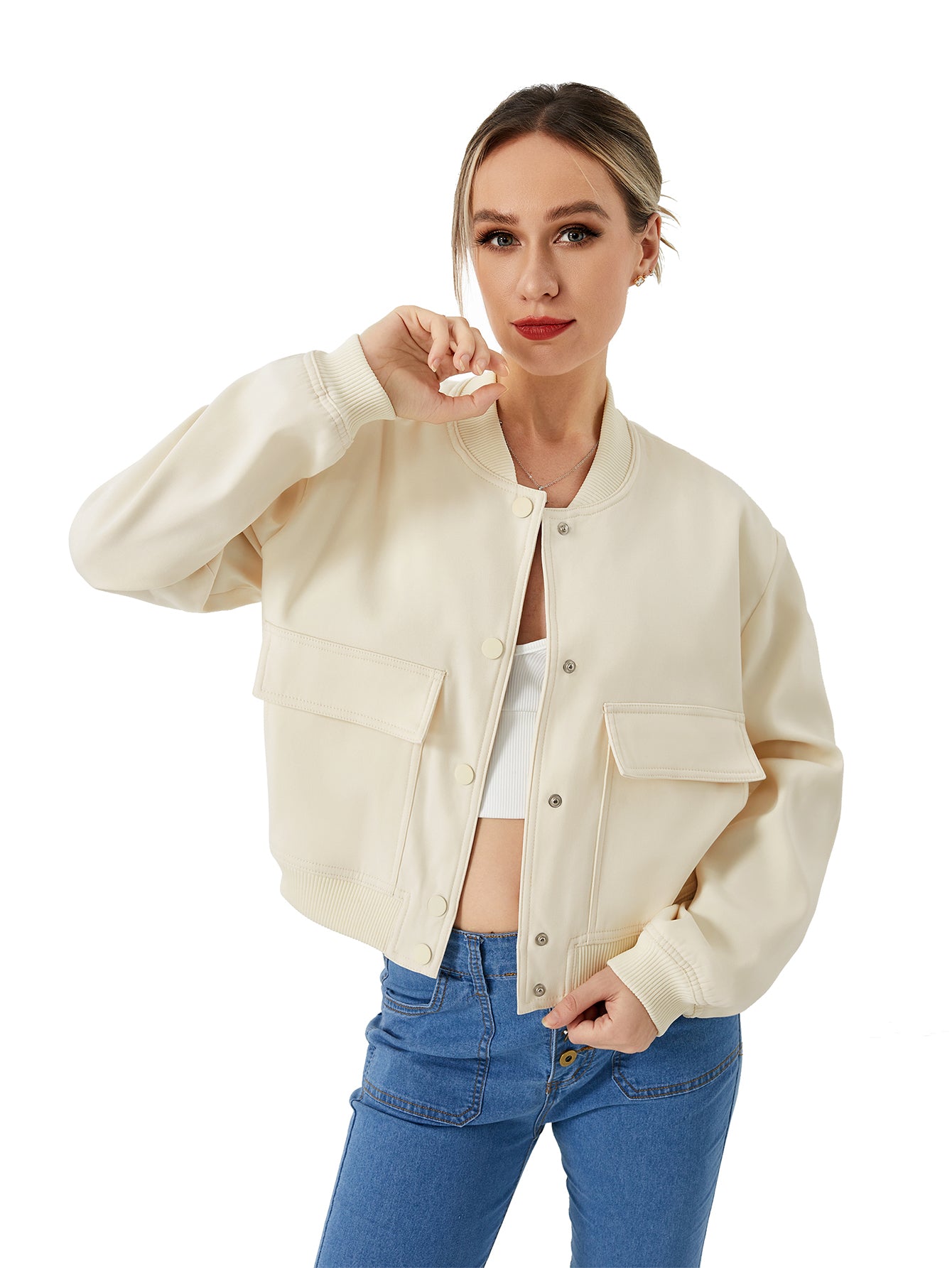 Women's Lightweight Cropped Bomber Jacket Casual Long Sleeve Varsity Jacket With Pocket Fashion Y2k Jacket Streetwear - cas7m
