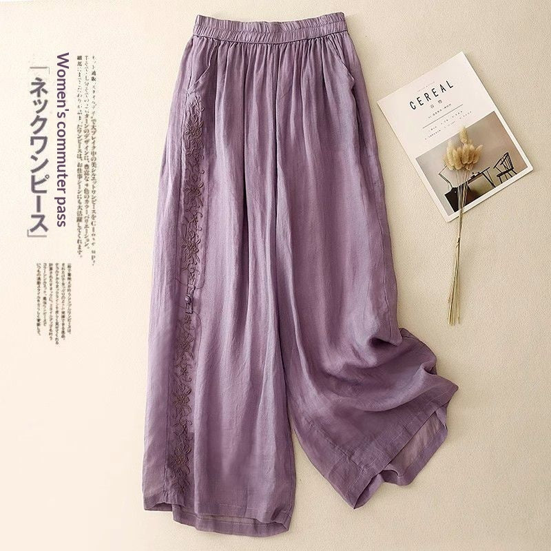 Embroidered Loose-fit Drapey Cotton-linen Pants - cas7m