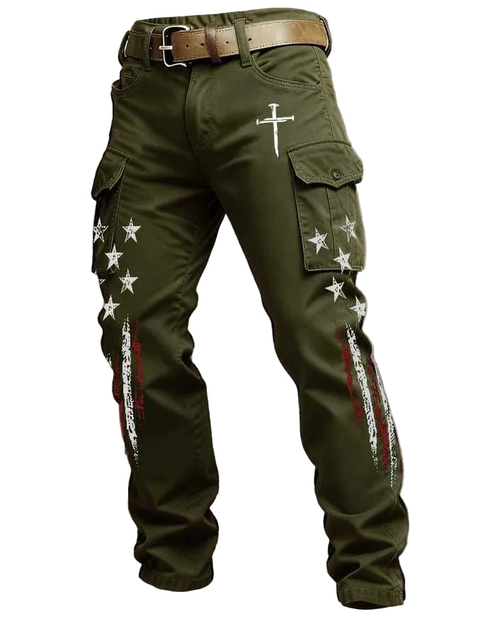 Green cargo pants with star and cross designs on a textured gray background