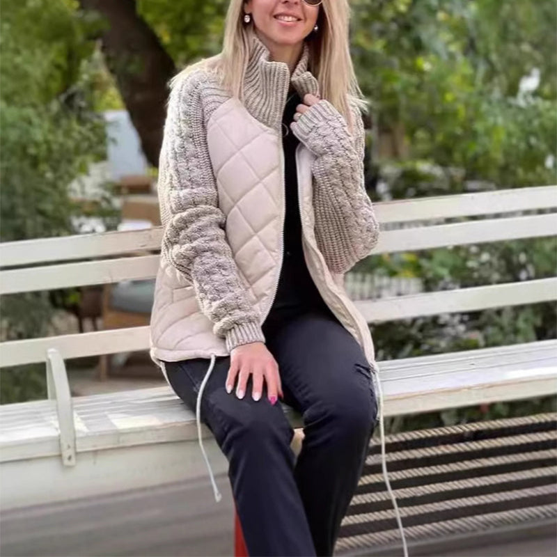 Winter Stand Collar Cotton Jacket With Pockets Fashion Knitted Stitching Zipper Coat Warm Tops For Women Clothing - cas7m