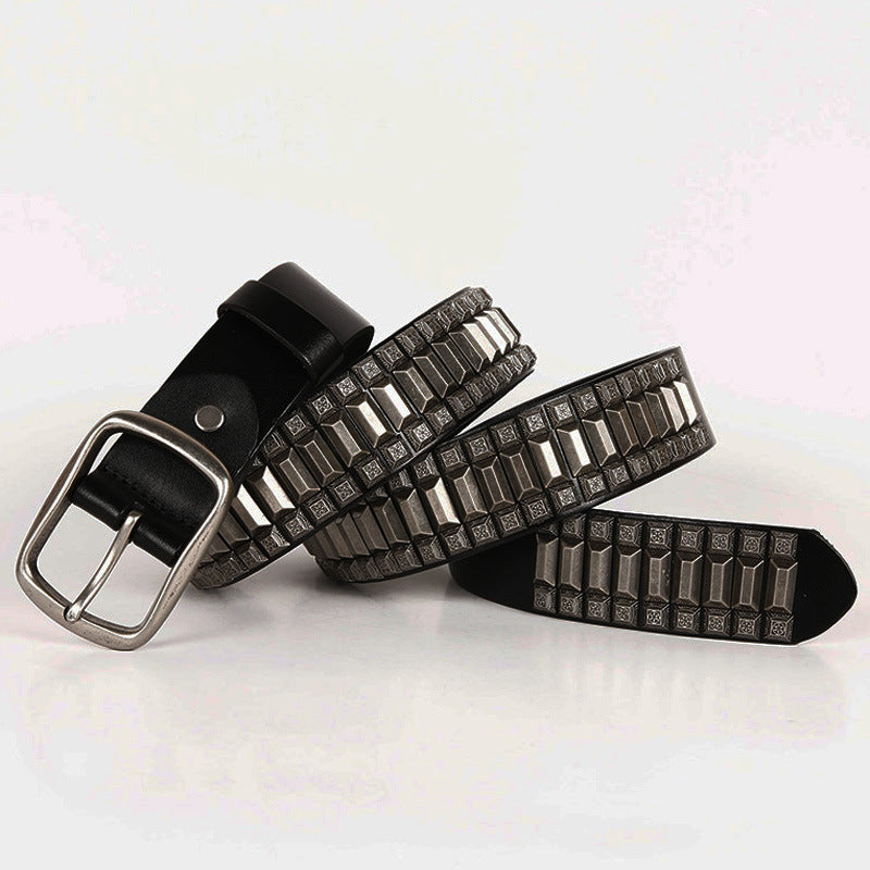 Pagoda Retro Belt Rivet Hip-Hop Top Layer Cowhide Unisex Belt For Men and Women - cas7m