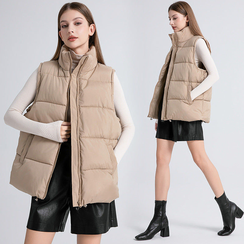 Women's Sleeveless Mid-length Stand-up Collar Thermal Down Cotton Thickened Vest - cas7m