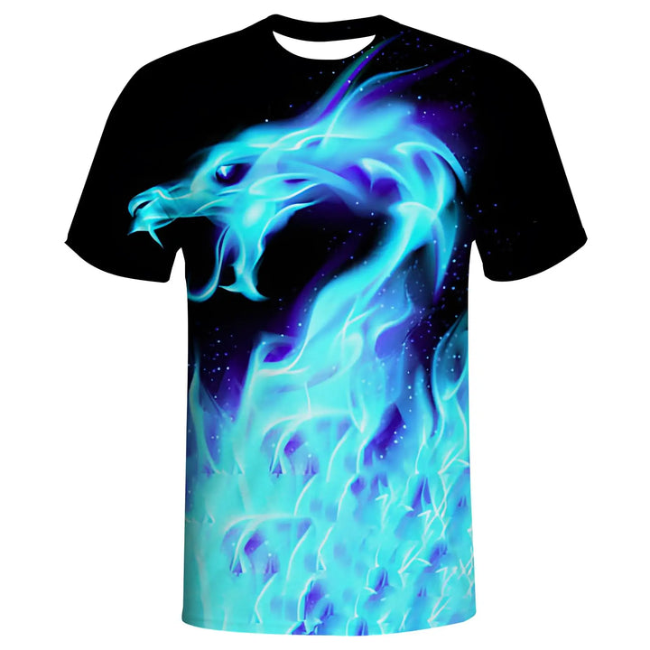T-shirt with a blue dragon design on a black background