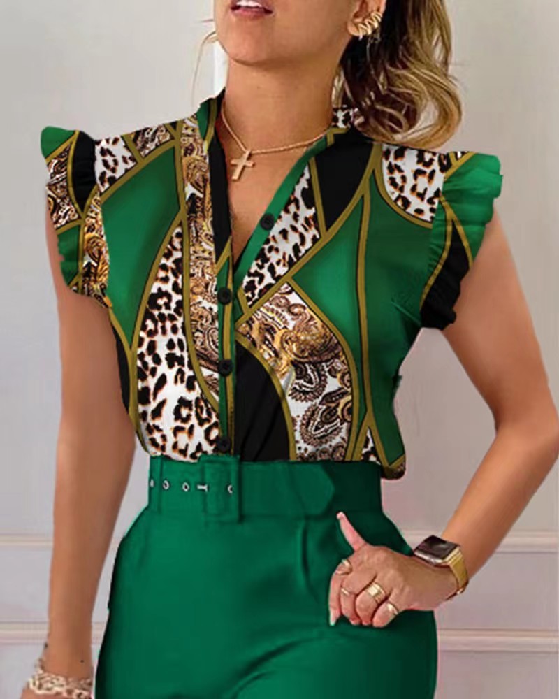 Printed Ruffle Sleeve Top Solid Color Pants Suit With Belt - cas7m