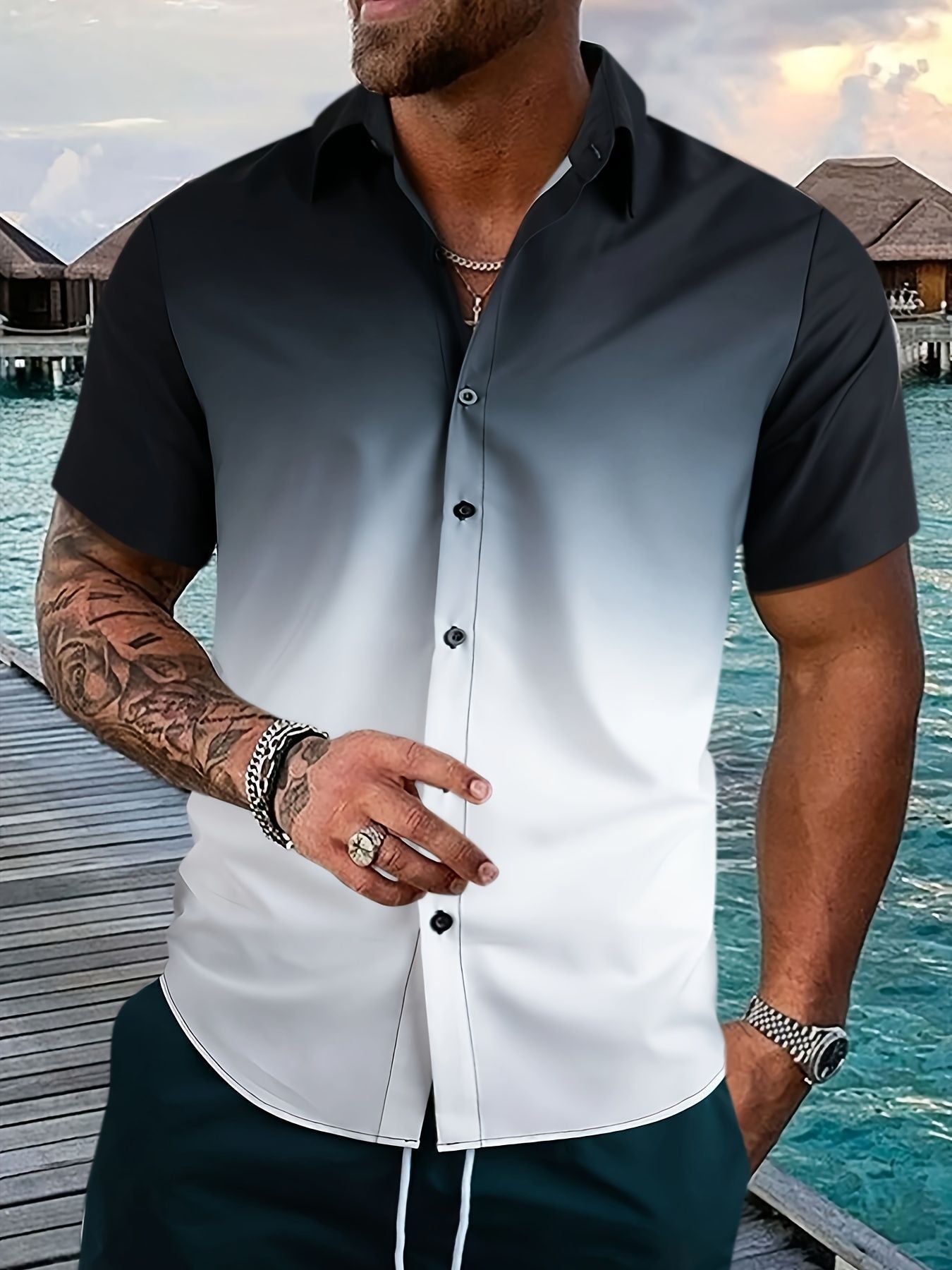 Beach Surfing European And American Foreign Trade 3D Digital Geometry Hawaii Printing Men Short Sleeve - cas7m