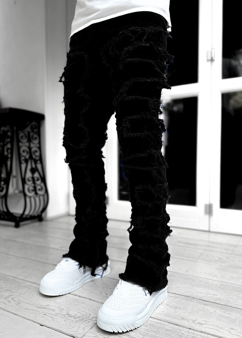 Ins Fringes Ripped Trousers Individual Patched Pants Long Tight Fit Stacked Jeans For Mens Clothing - cas7m