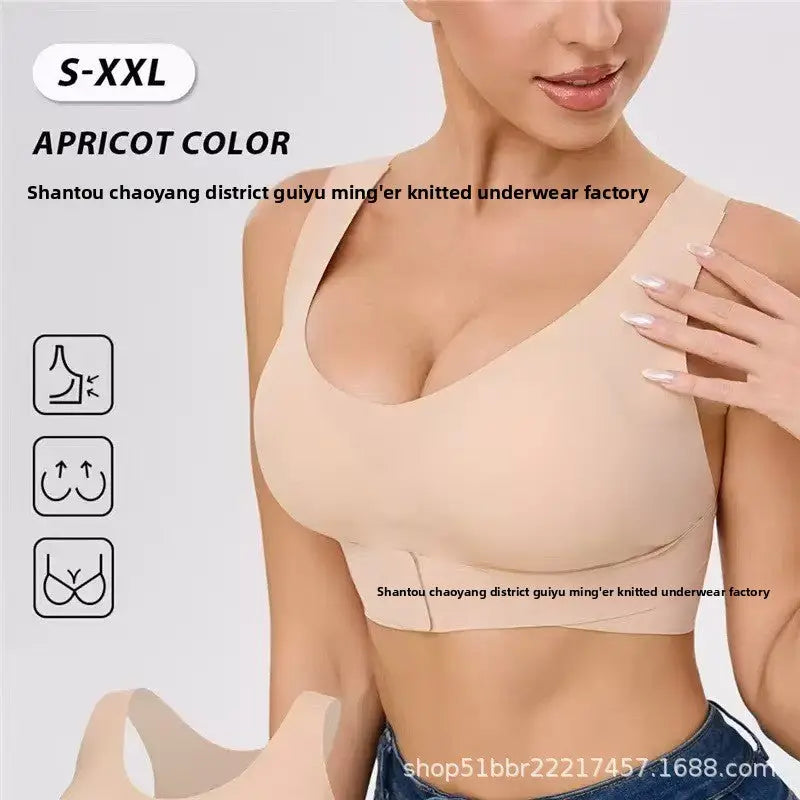 A woman wearing a beige wireless underwire bra in apricot color, shown from the chest to the hips against a light gray studio background. The image includes text reading 'S-XXL', 'APRICOT COLOR', and 'Shantou chaoyang district guilyu ming'er knitted underwear factory', along with three small feature icons on the left.