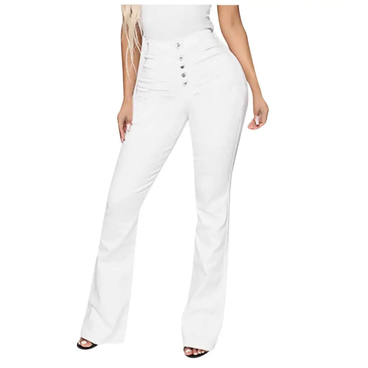 White high-waisted flare pants with a button fly, modeled on a person against a plain white background.
