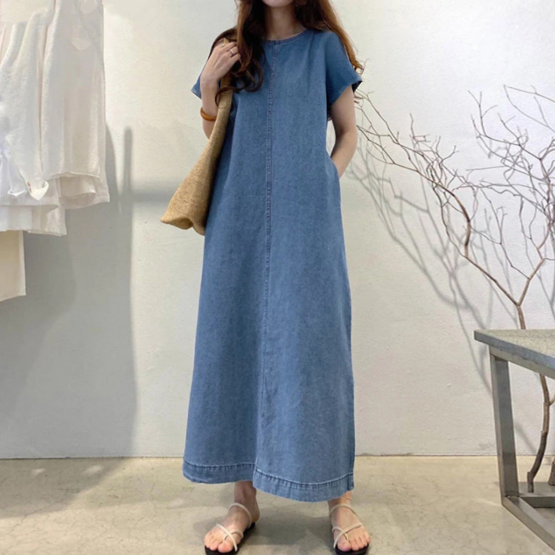 Womens Solid-Color Fashionable Round-Neck Loose-Fit Pocketed Dress - cas7m