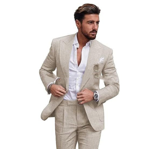 Men's Large Single Row One Button Solid Color Suit Two-piece Set - cas7m